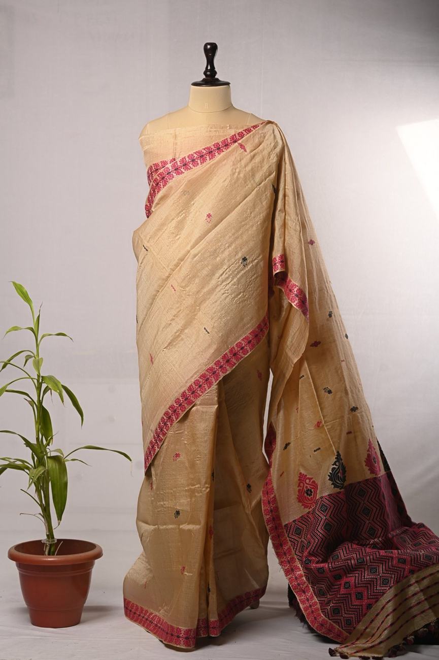 Gold handwoven silk saree with pink woven border
